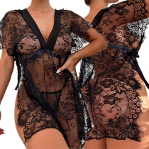 Sexy Semi-through Lace Side Slit Two-piece Lingerie Set