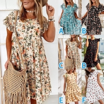 Fashion Round Neck Ruffle Short Sleeve Floral Printed Loose Dress