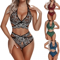 Sexy Lace Spliced Floral Embroidered Halter Two-piece Lingerie Set
