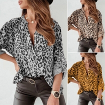 Fashion Leopard Printed Roll Up Sleeve Button Up Shirt