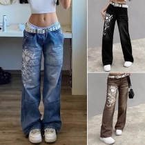 Vintage Floral Printed Wide-leg Washed Jeans