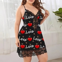 Sexy Lace Spliced Letter Love Printed  Oversize Nightwear Dress