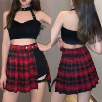 Fashion Lace Spliced Plaid Pleated Skirt