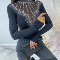 Sexy Rhinestone Gauze Spliced  Long Sleeve Shirt