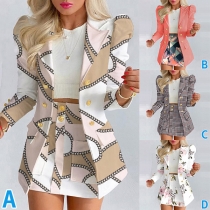 Fashion Floral Printed Two-piece Set Consist of Puff Sleeve Blazer and Mini Skirt