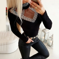 Sexy Semi-through Gauze Spliced Rhinestone Long Sleeve Shirt