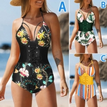 Sexy Floral Printed Lace-up Halter One-piece Swimsuit