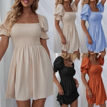 Fashion Solid Color Elastic High Waist Ruffle Short Sleeve Fit & Flared Dress