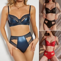 Sexy Lace Spliced Artificial Leather PU Zippered Lingerie Set