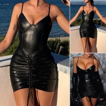 Sexy Drawstring Artificial Leather PU Bodycon Slip Dress