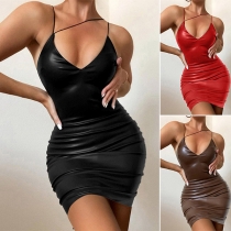 Sexy Backless  Artificial Leather PU Bodycon Slip Dress