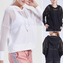 Fashion Loose Solid Color Net Spliced Cover-up Hoodie for Yoga, Running and other sports