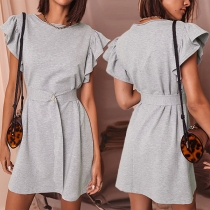 Fashion Solid Color Ruffle Short Sleeve Mini Dress with Belt