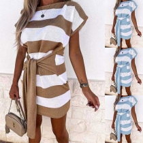 Fashion Stripe Tie-belt Knitted Mini Dress