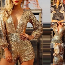 Sexy Cutout Deep V-neck Long Sleeve Sequined Romper