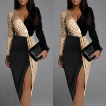 Sexy Long Sleeve V-neck Contrast Color Sequined Spliced High Slit Party Dress