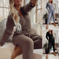Fashion Solid Color V-neck Knitted Loungewear Jumpsuit