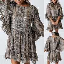 Fashion Round Neck Trumpet Half-sleeve Snake Print Ruffle Dress