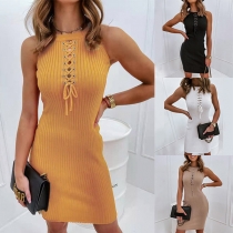 Fashion Round Neck Sleeveless Solid Color Lace-up Knitted Dress