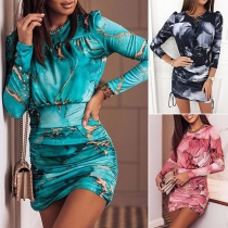 Fashion Round Neck Long Sleeve Floral Printed Drawstring Ruched Bodycon Dress