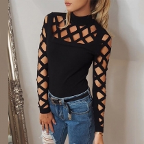 Sexy Crossover Cutout Solid Color Long Sleeve Stand Collar Shirt