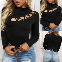 Sexy Stand Collar Long Sleeve Crossover Lace-up Cutout Shirt
