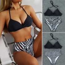 Sexy High-waist Leopard/Zebra Print Halter Bikini Set