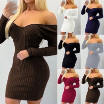 Sexy Solid Color Long Sleeve Knitted Off-the-shoulder Bodycon Dress