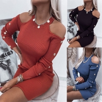 Sexy Solid Color Open-shoulder Long Sleeve Button Round Neck Bodycon Dress