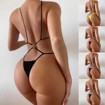 Sexy Solid Color Stripe Cutout One-piece Swimsuit