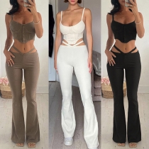 Sexy Solid Color Two-piece Set consist of Buttoned Crop Top and Cutout Wide-leg Pants