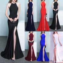 Sexy Solid Color Side Slit Halter Maxi Party Dress