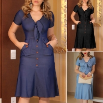 Fashion Solid Color Buttoned Knotted V-neck Short Sleeve Midi Dress