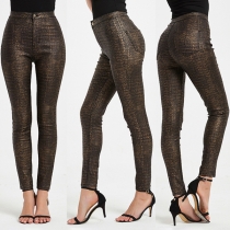 Fashion Crocodile Pattern Artificial Leather PU Slim Fit Pants