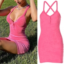 Sexy Solid Color Buttoned V-neck Criss-cross Bodycon Slip Dress