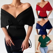 Sexy Off-the-shoulder Short Sleeve Top with Belt