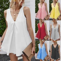 Casual Solid Color Pleated V-neck Chiffon Tank Top