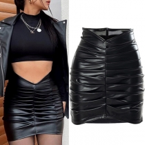 Sexy Ruched Artificial Leather PU Pencil Skirt