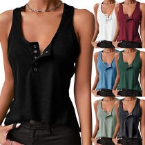 Casual Solid Color Button V-neck Tank Top