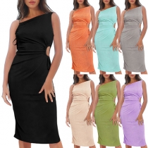 Fashion Solid Color Cutout Side Drawstring Gathered Bodycon Party Dress