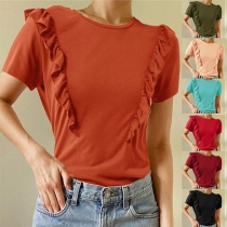 Casual Solid Color Round Neck Short Sleeve Ruffle Shirt