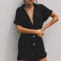 Casual Solid Color Polo Neck Sleeveless V-neck Romper