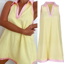 Fashion Contrast Color Polo Neck Sleeveless Mini Dress
