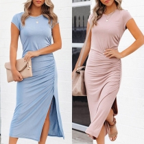 Fashion Solid Color Short Sleeve Side Slit Dress