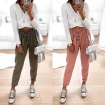 Casual Style Solid Color High Waist Buttoned  Pants