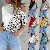 Fashion Contrast Color Leopard Printed Spliced Stand Collar Short Sleeve Open-shuolder Shirt