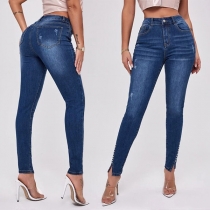 Fashion High Waist Beaded Slit Slim Fit Elastic Denim Jeans