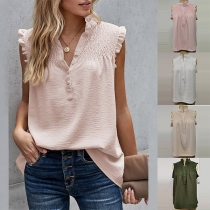 Casual Ruched Ruffle Buttoned Sleeveless Shirt