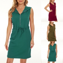 Casual Solid Color Sleeveless Hoodied Dress