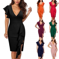 Sexy Solid Color V-neck Ruffle Slit Bodycon Dress